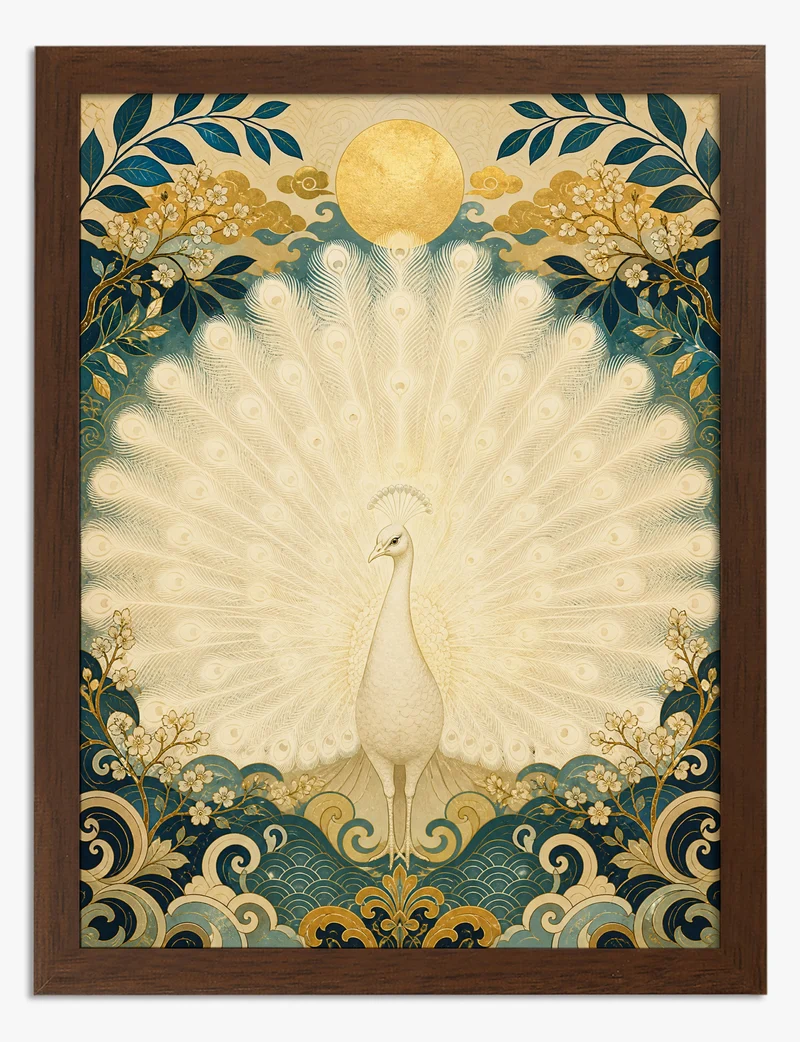 White Peacock and Golden Sun Art Print