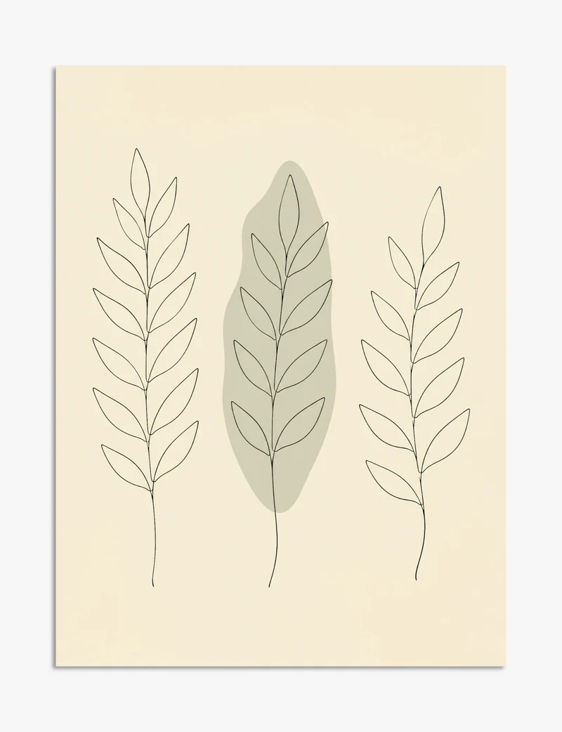 Three Leaf Stems in Sage and Cream Art Print