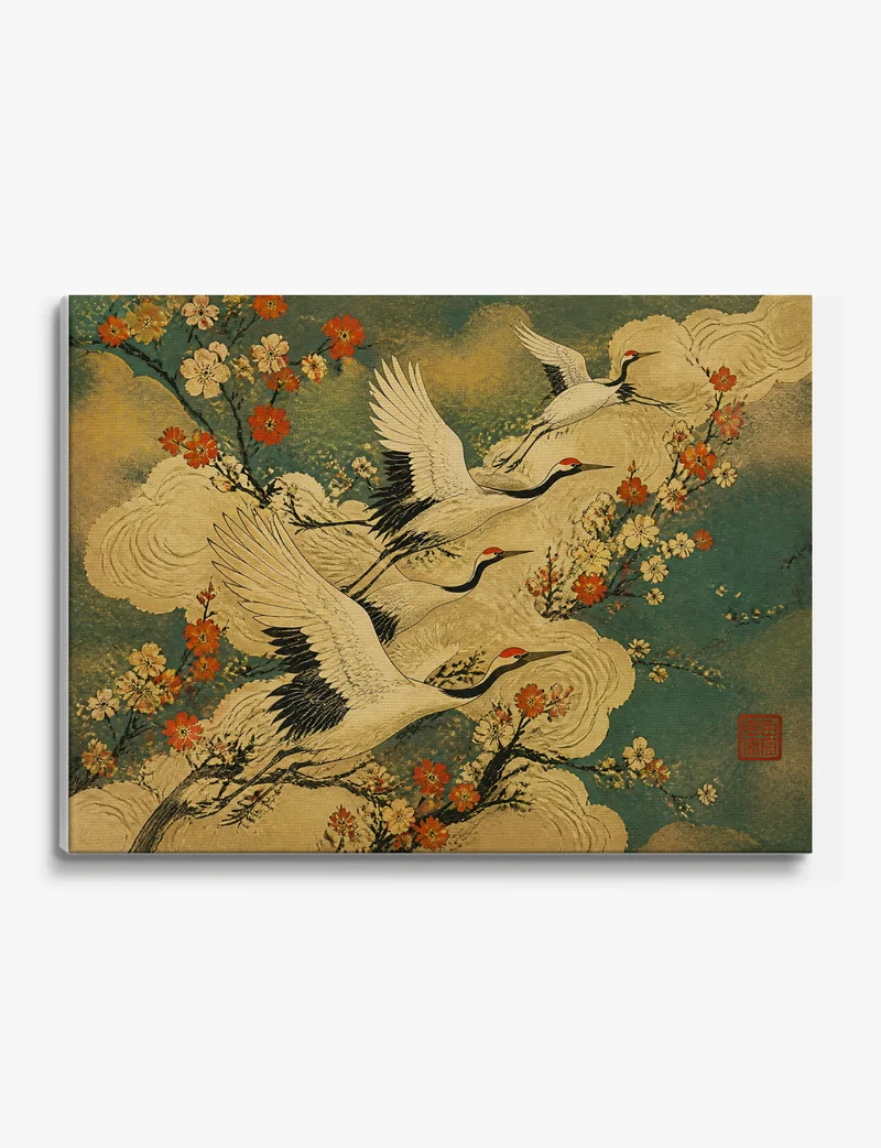 Cranes in Blossom and Gold Cloud Canvas Print