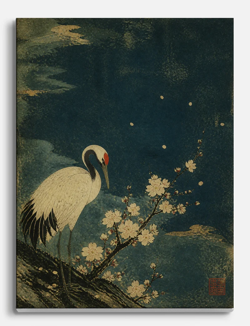 Crane and Blossom, Night Sky Canvas Print