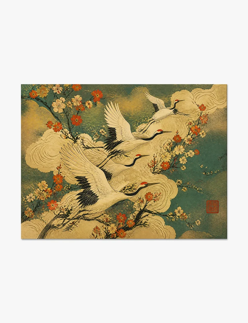 Cranes in Blossom and Gold Cloud Art Print