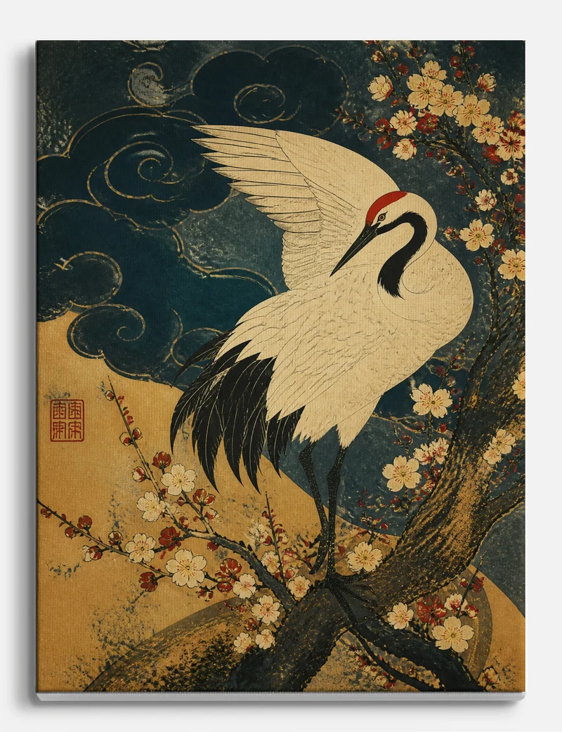 Crane and Plum Blossom on Gold Canvas Print
