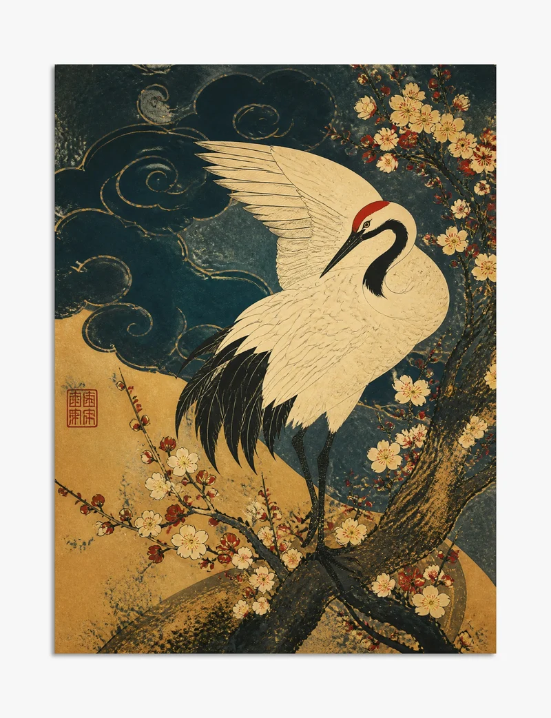 Crane and Plum Blossom on Gold Art Print