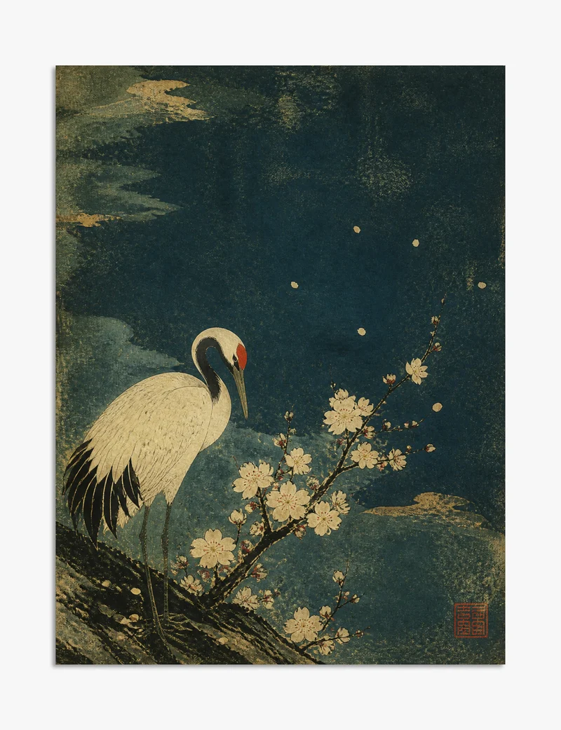 Crane and Blossom, Night Sky Art Print