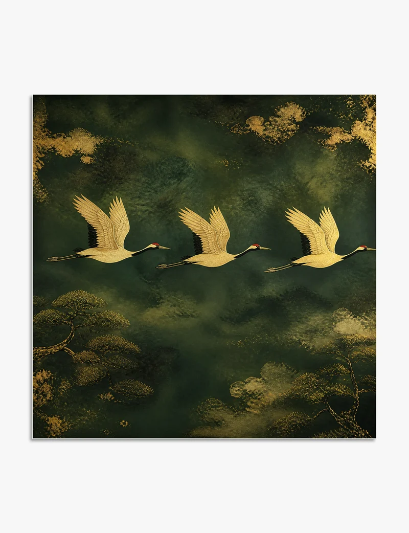 Gilded Cranes in Flight Art Print