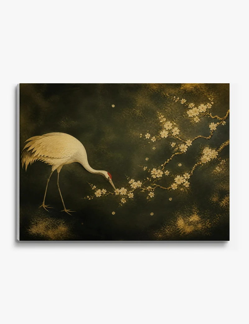 Crane and Blossom in Gold Canvas Print
