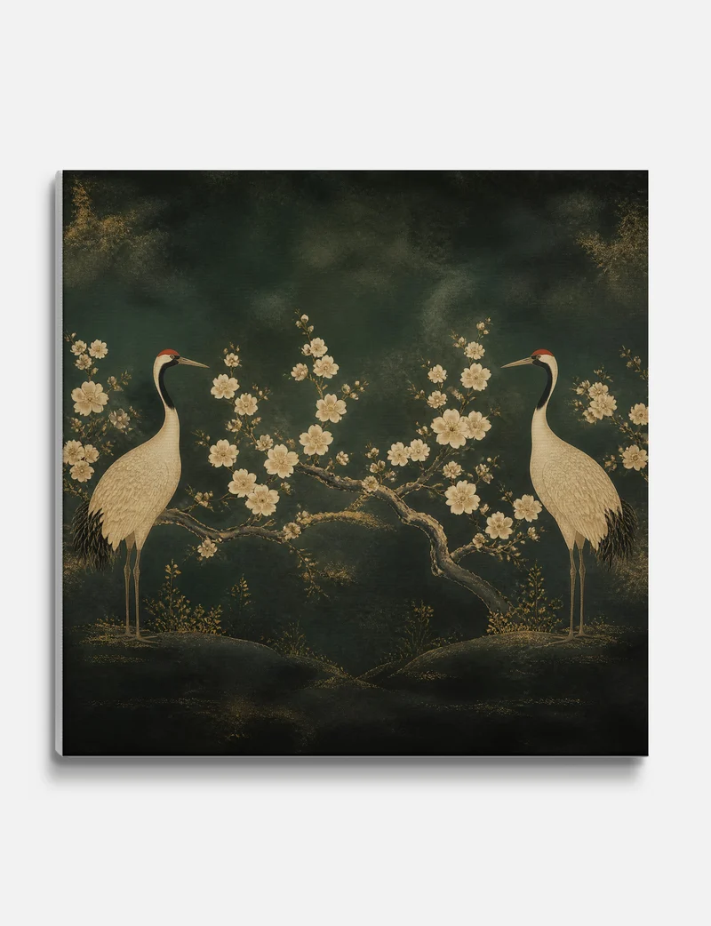 Cranes and Blossom in Deep Green Canvas Print