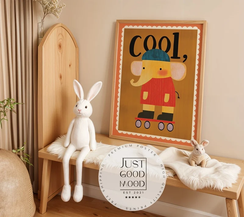 Poster Kinderzimmer Elefant · Cool auf Rollschuhen · Lustiges Tiermotiv · Retro Farben · Geschenkidee für Kinder · Ohne Rahmen