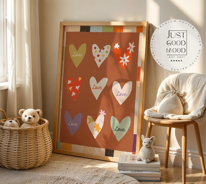 Poster Kinderzimmer Herzen · Love Design mit Blumen & Mustern · Warme Farben · Liebevolle Wanddeko · Deko Print ohne Rahmen