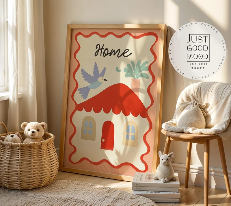 Poster Kinderzimmer Haus · Home mit Vogel & Pflanze · Liebevolles Wandbild · Sanfte Farben · Deko Print ohne Rahmen