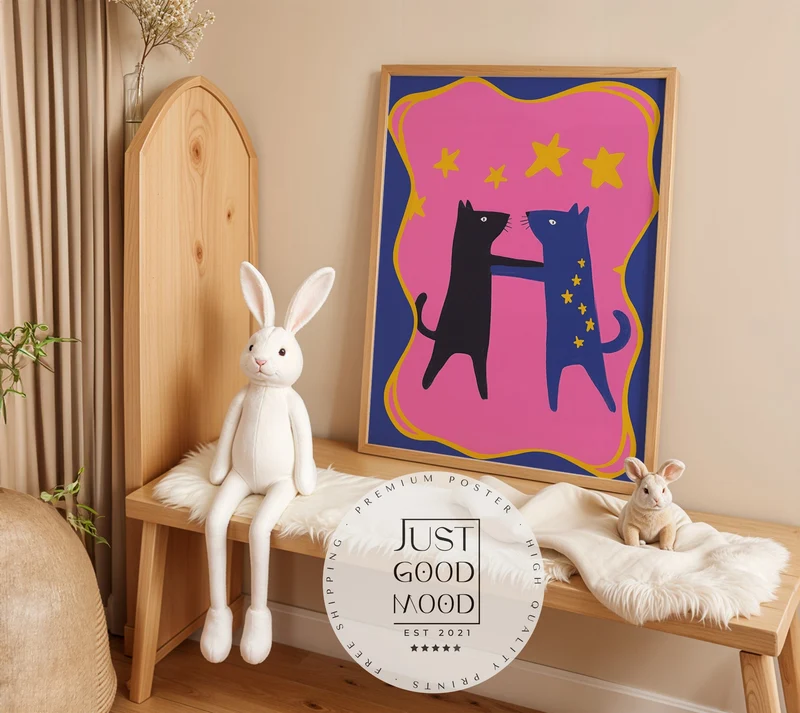 Poster Kinderzimmer Katzen · Tanz unterm Sternenhimmel · Bunte Deko in Pink & Blau · Freundschaft & Magie · Ohne Rahmen