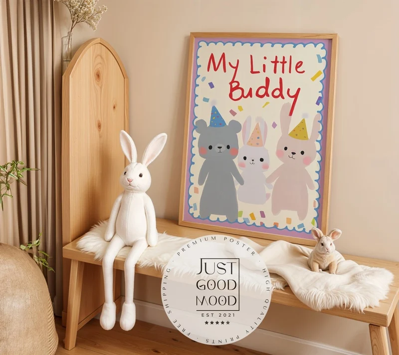 Poster Kinderzimmer Tiere · My Little Buddy · Bär & Hasen mit Partyhüten · Freundschaft & Spaß · Geschenkidee · Ohne Rahmen