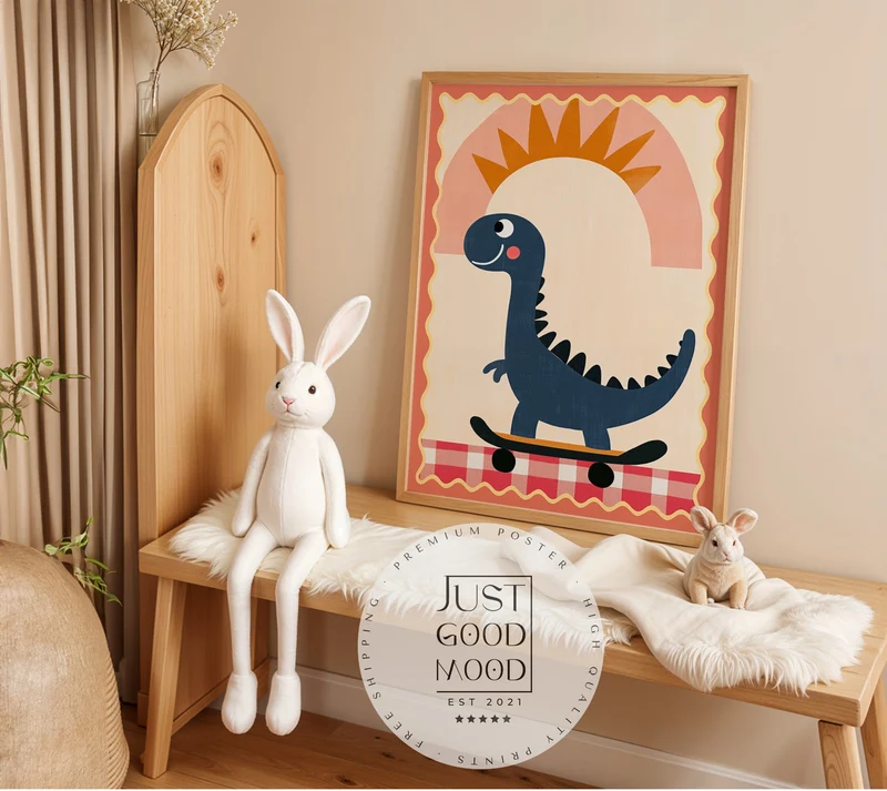 Poster Kinderzimmer Dino · Skateboard & Sonne · Lustiger Dinosaurier · Boho Farben · Geschenkidee für Kinder · Deko Print ohne Rahmen