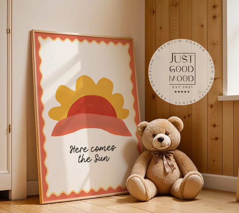 Poster Kinderzimmer Sonne · Here Comes the Sun · Warm & Freundlich · Geschenkidee für Kinder · Boho Look · Deko Print ohne Rahmen