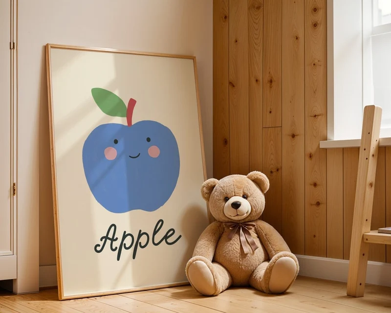 Poster Kinderzimmer · Blauer Apfel · Obst mit Gesicht · Lernposter Englisch · Geschenkidee für Kinder · Süß & Lustig · Deko Print ohne Rahmen
