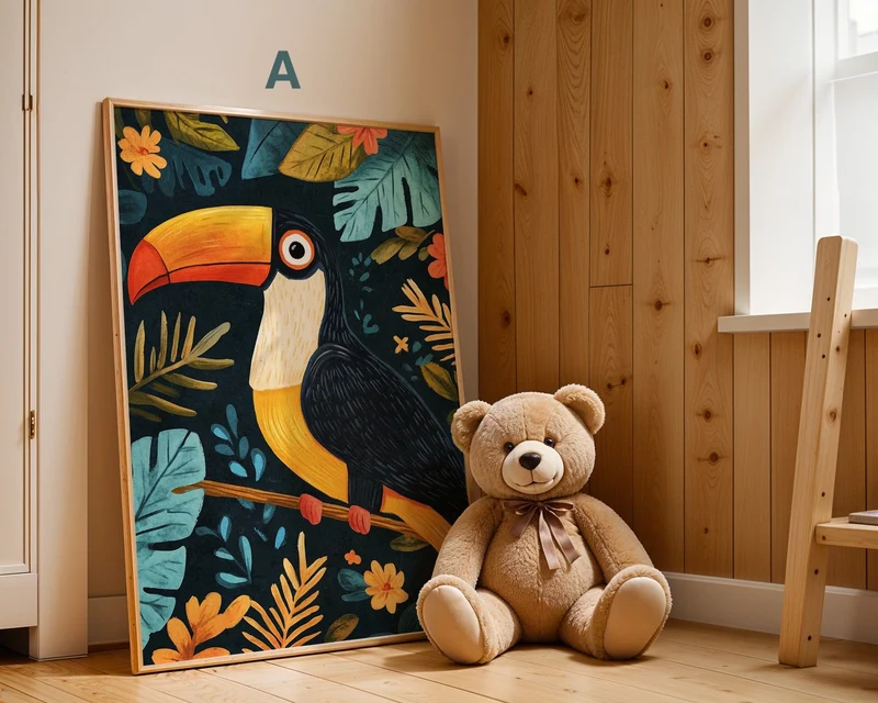 Poster Kinderzimmer Apfel · Erdbeere · Ananas · Tukan · Geschenkidee für Kinder · Rot & Blau · Obst & Dschungel · Deko Print ohne Rahmen