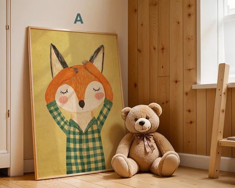 Poster Kinderzimmer Bär · Elefant · Fuchs · Katze · Geschenkidee für Kinder · Grün & Gelb · Waldtiere & Safari · Deko Print ohne Rahmen