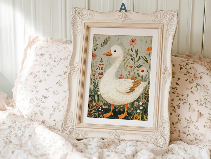 Poster Kinderzimmer Gänse mit Schleife · Geschenkidee für Kinder · Rosa & Blau · Bauernhof Deko Print ohne Rahmen