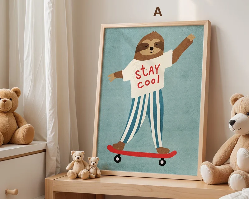 Skateboard Waldtiere Poster Kinderzimmer · Geschenkidee für Kinder · Fuchs Panda Bär Giraffe Faultier · Kinderzimmer Deko · Deko Print ohne Rahmen