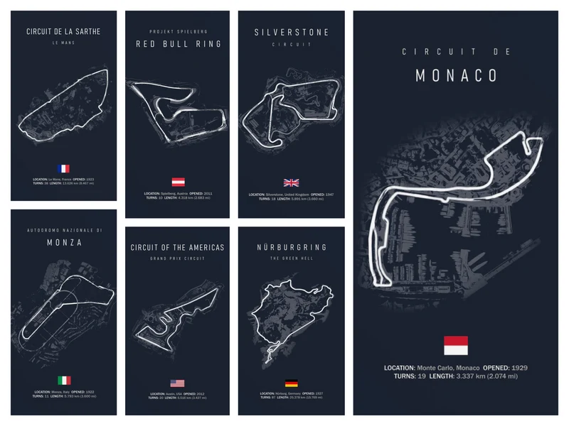 Poster Formel 1 Kalender 2026 Strecken Großer Preis von Silverstone Daytona Laguna Seca Yas Marina Suzuka als Deko Print ohne Rahmen