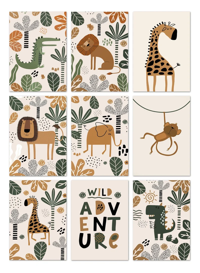 Poster Safari Abenteuer Löwe Giraffe · Kinderzimmer Wandbilder · Spielzimmer Dekoration · Wand Deko Print · ohne Rahmen