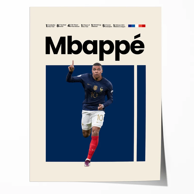 Poster Mbappe Ronaldo Messi Neymar Fußball Minimalistisch · Mid Century Modern · Wanddeko · WM Kunst · Frankreich Trikot · Kunstdruck ohne Rahmen