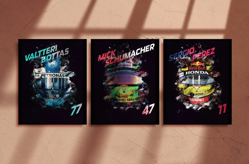 Poster Formel 1 Helme Rennfahrer Fahrernummer · Deko Print ohne Rahmen