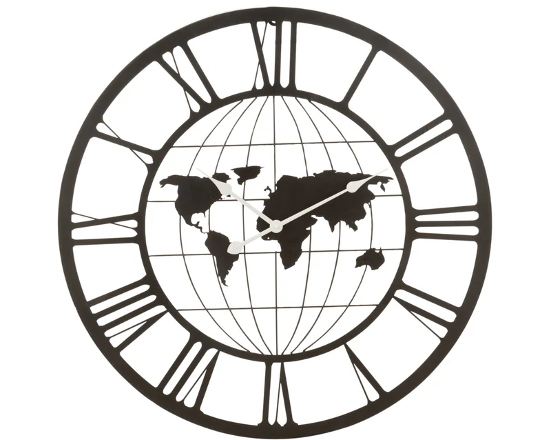 Zeitreise Wanduhr mit Römischen Ziffern und Weltkarte, Metall, Schwarz 80cm