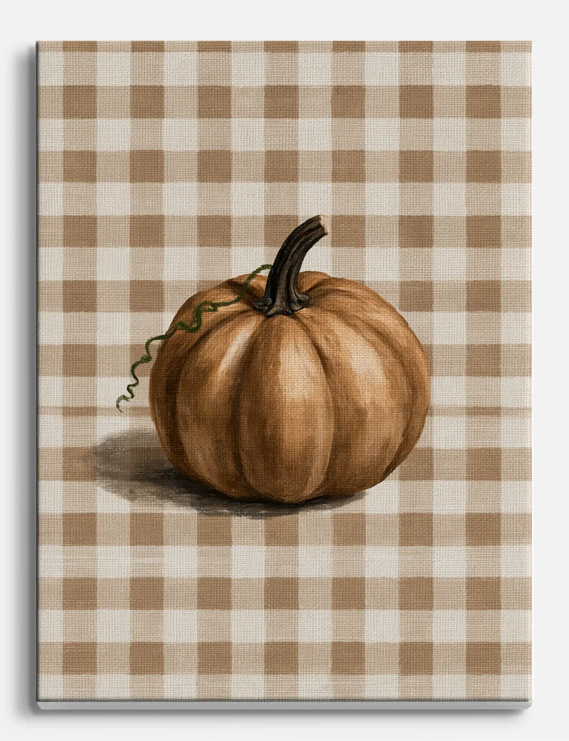 Pumpkin on Beige Gingham Canvas Print