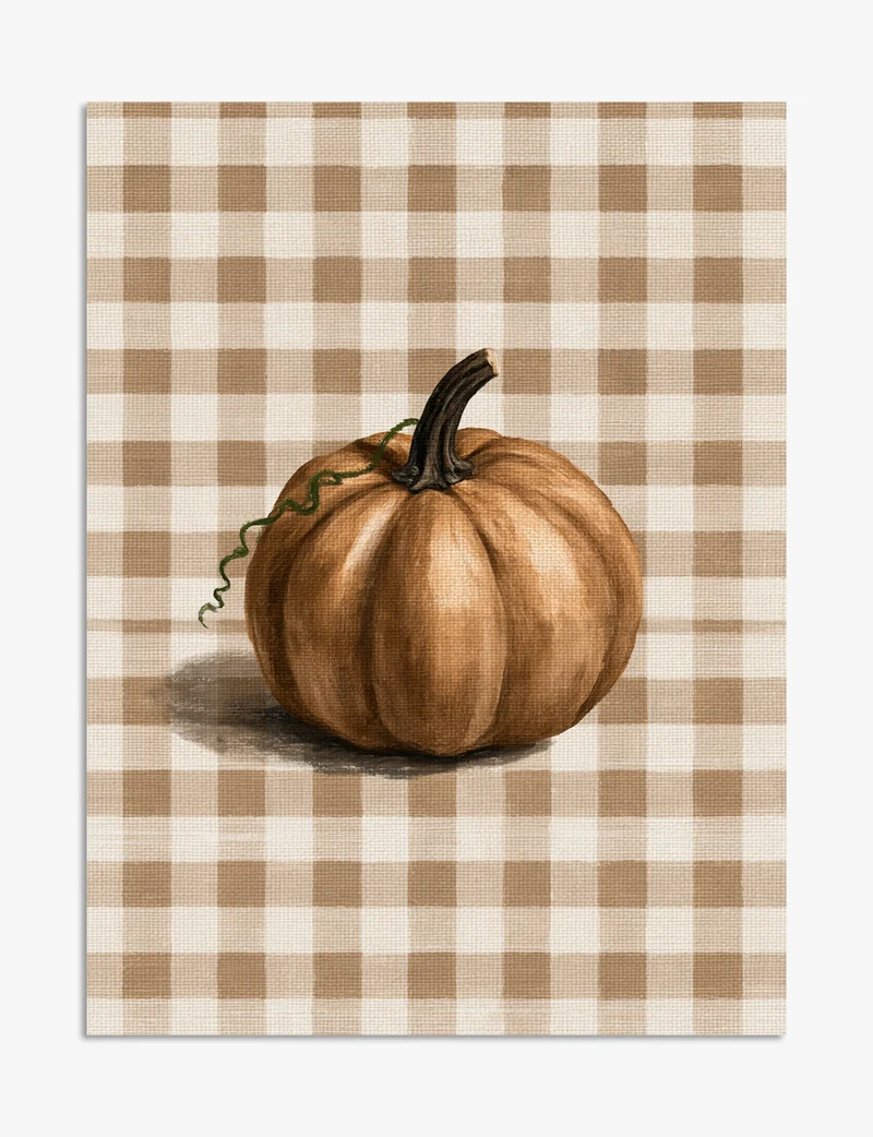 Pumpkin on Beige Gingham Art Print