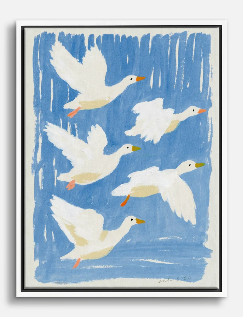 Flying White Ducks on Blue Canvas Print