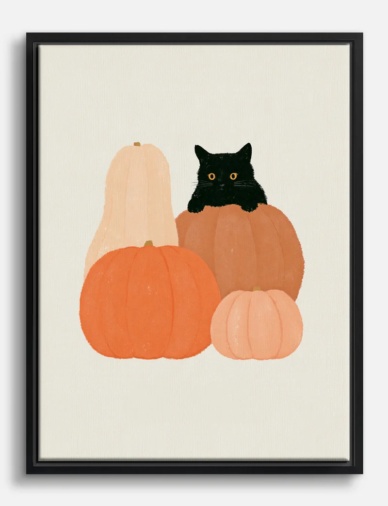 Black Cat in the Pumpkins Canvas Print