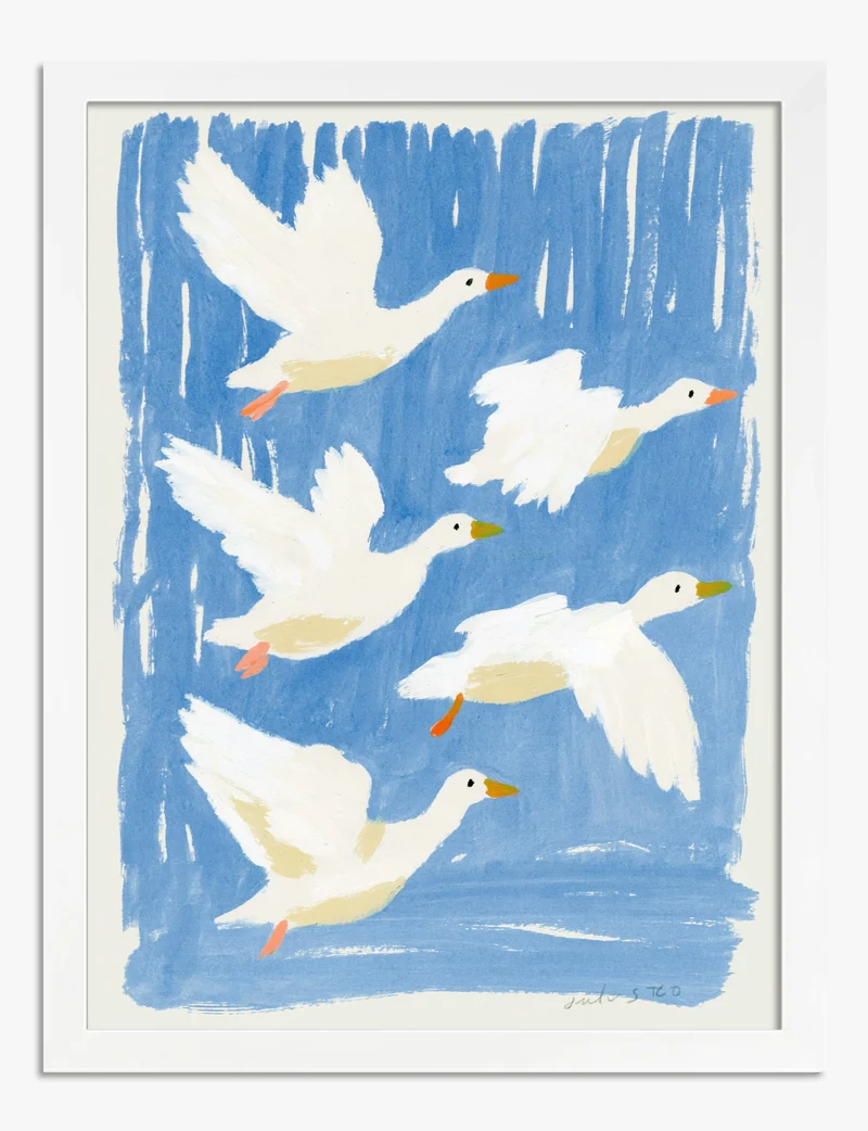 Flying White Ducks on Blue Art Print