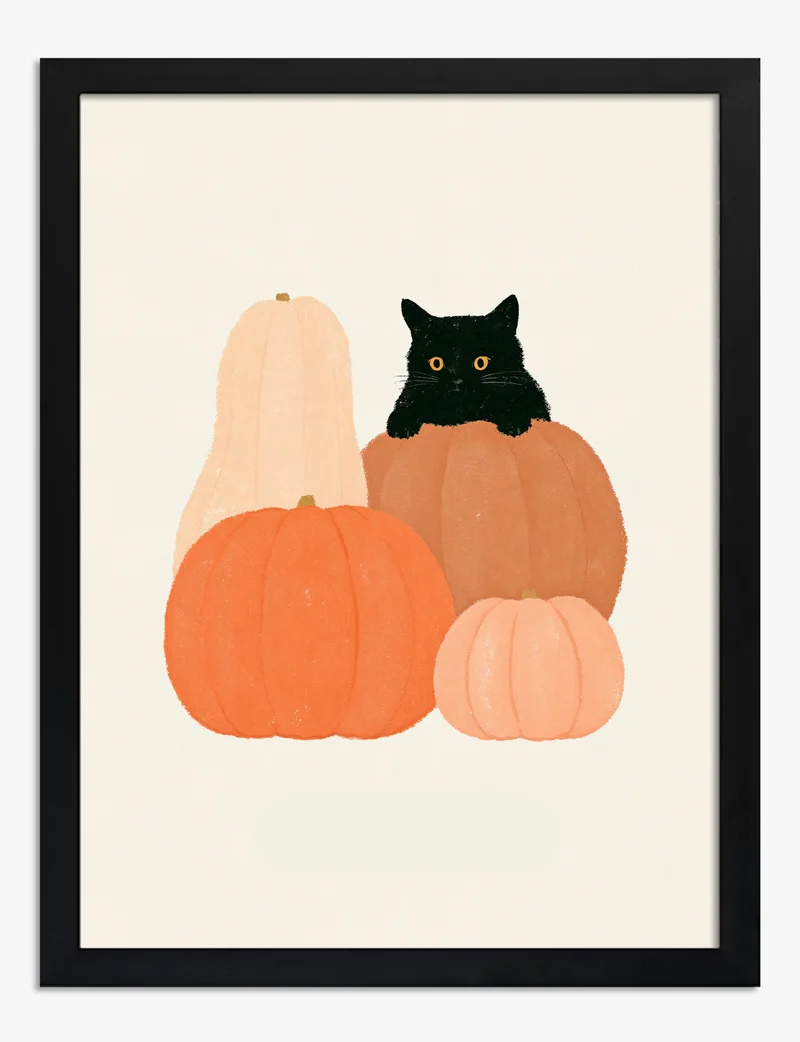 Black Cat in the Pumpkins Art Print