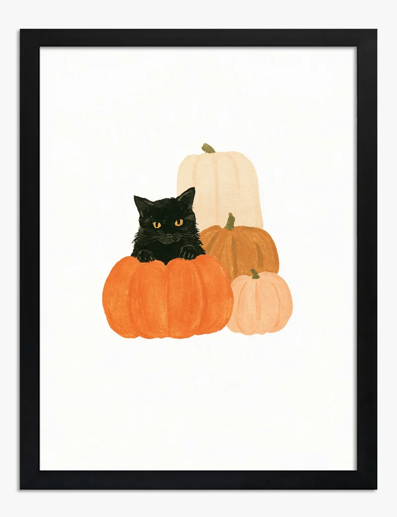 Black Cat and Pumpkins Art Print