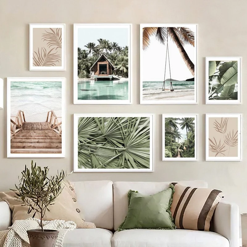 Poster Meer Blätter Überwasser Bungalow Strandschaukel · Wandbilder Wohnzimmer & Schlafzimmer · Deko Print Bilder · ohne Rahmen