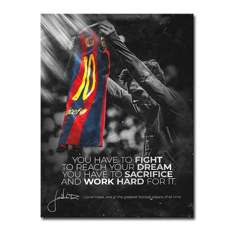 Poster Fußball Messi Fc Barcelona Nr.10 Rot Blau Trikot und Motivations Spruch als Deko Print ohne Rahmen