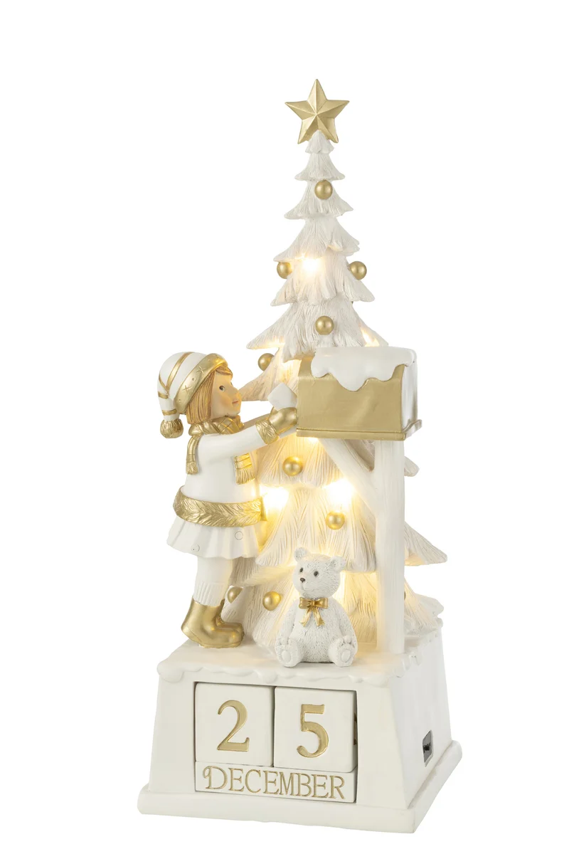 Handgefertigter Weihnachtsbaum Kalender in Weiß und Gold - Poly Kunstwerk
