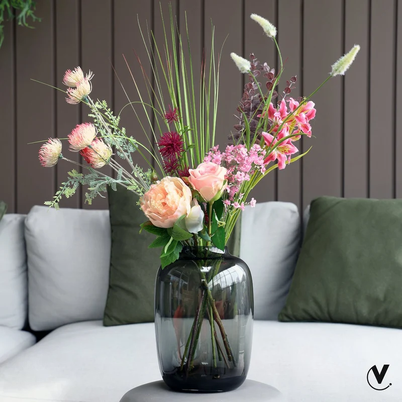 Glasvase breit 29 cm für Blumen Glas grau