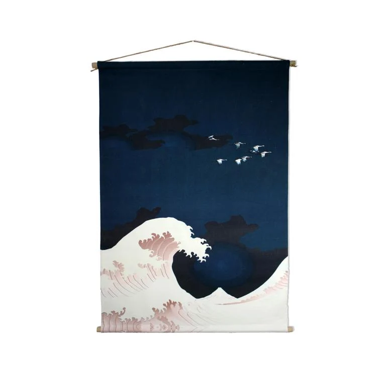 Wanddeko Wandbehang Welle & Kraniche Stoff 90x130 cm blau