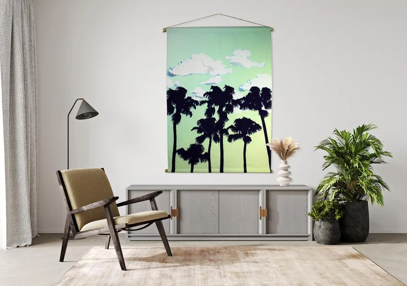 Wanddeko Wandbehang Palmen grün blau Stoff 90x130 cm