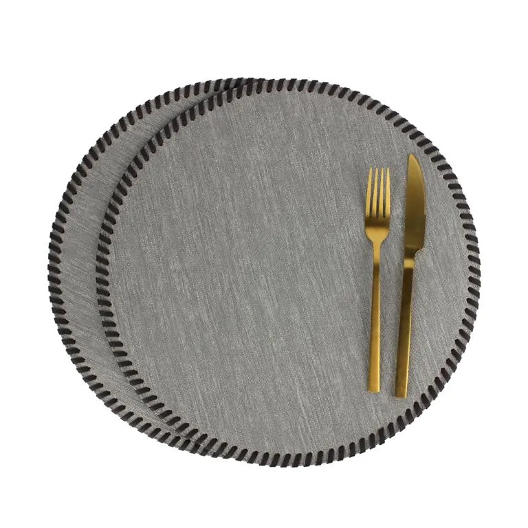 Tischset 4er Set rund Jeans grau mit Umrandung Lederband