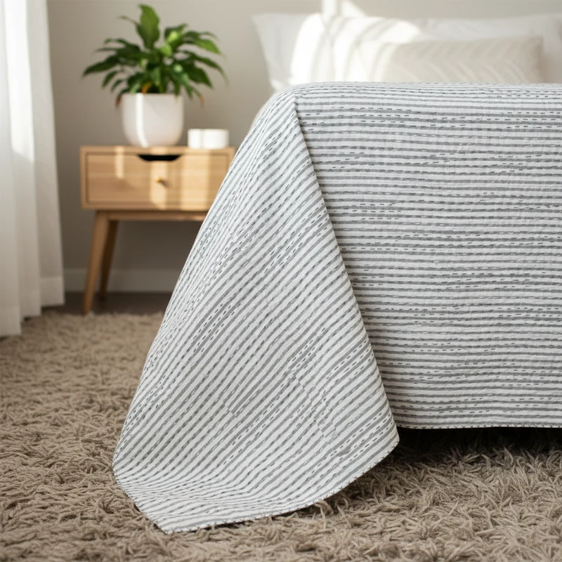Indradanush Tagesdecke Blockprint grau weiß bestickt