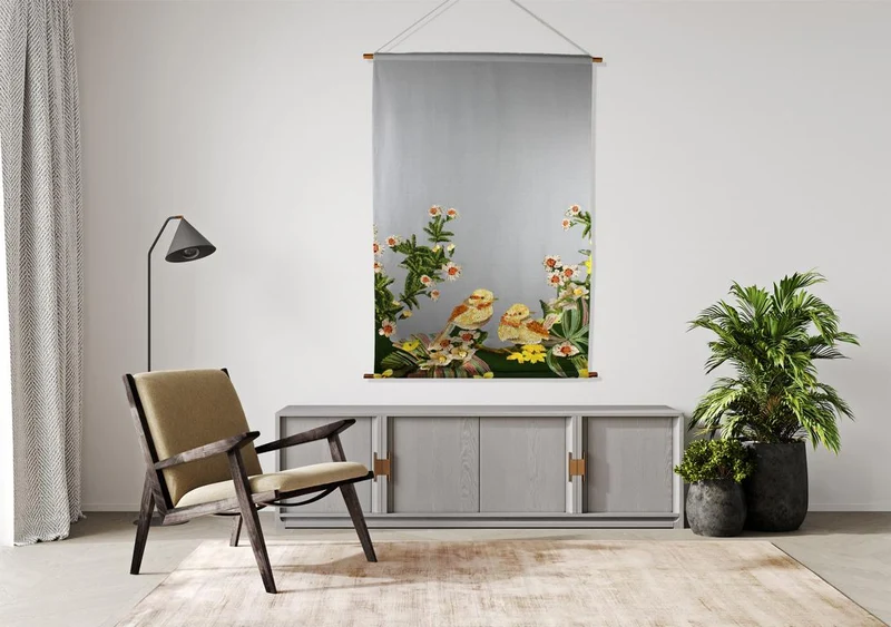Wandbehang Wanddeko Vögel grau grün bestickt Stoff 90x130 cm