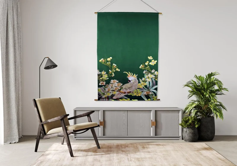Wandbehang Wanddeko Vögel grau grün bestickt Stoff 90x130 cm