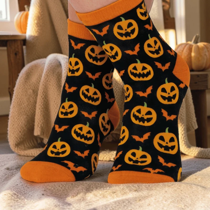 Halloween-Socken mit Kürbis- und Fledermaus-Motiv