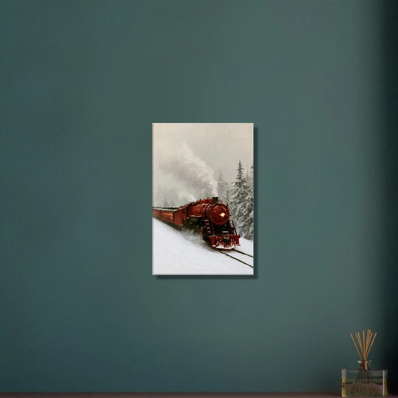 Vintage Red Steam Train in Snow Oil Painting