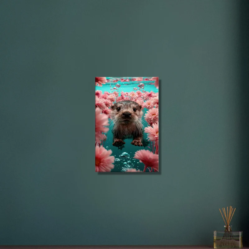 Cute Baby Otter Underwater with Flowers