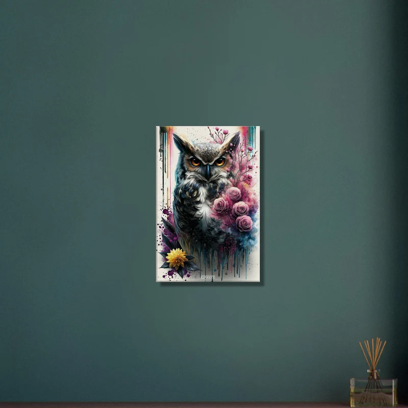 Mystic Owl with Roses Watercolor Modern Art
