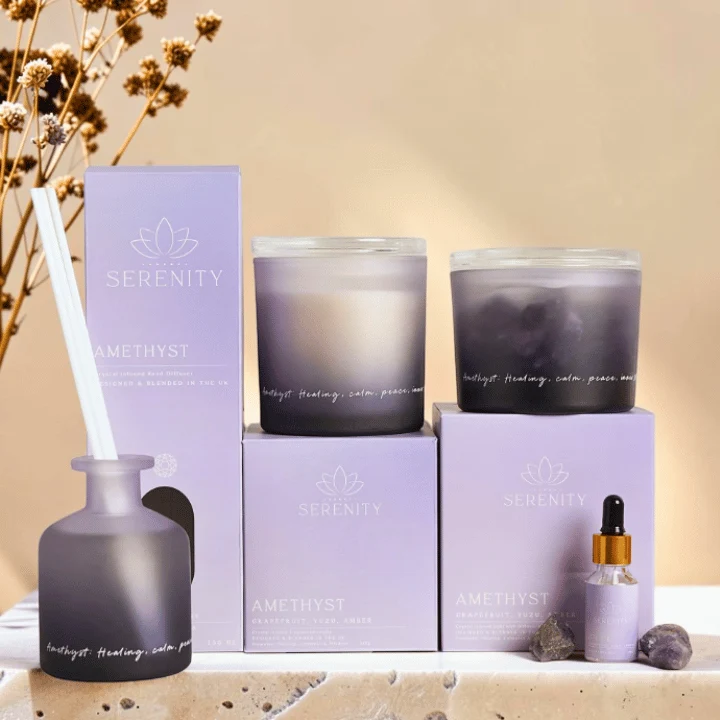 Amethyst Geschenkset – Duftkerze, Diffuser & Kristallschale mit echtem Amethyst